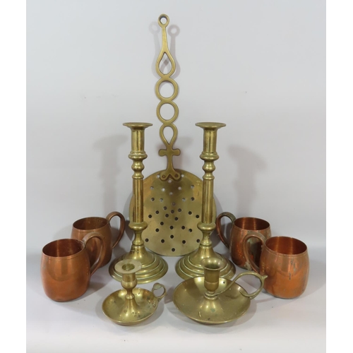 457 - Collection of domestic brassware, copper and fireside effects, including a 'Guardian' fire extinguis... 