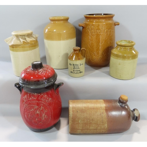 458 - A selection of salt glazed storage jars flagon and bed warmer, together with two Rumtopf strawberry ... 