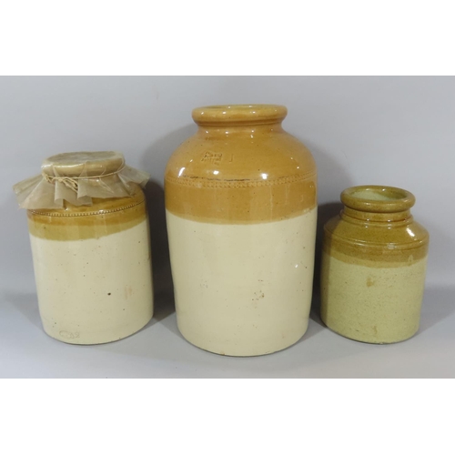 458 - A selection of salt glazed storage jars flagon and bed warmer, together with two Rumtopf strawberry ... 