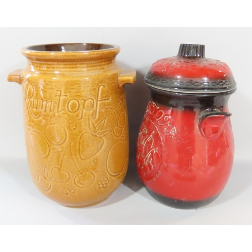 458 - A selection of salt glazed storage jars flagon and bed warmer, together with two Rumtopf strawberry ... 