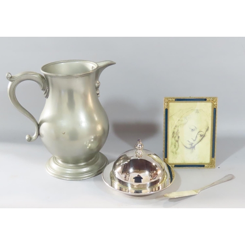 463 - Silver plated tea set, a studio ware vase and dish and butter dish, a pewter jug by Royal Selangor f... 