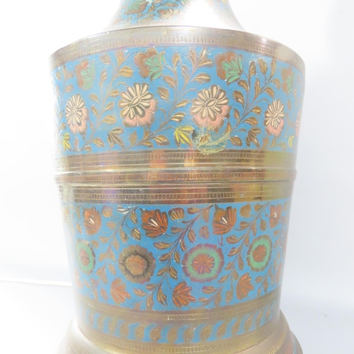 472 - An Indian brass blue enamelled table lamp decorated with an all over floral design , 40cm high