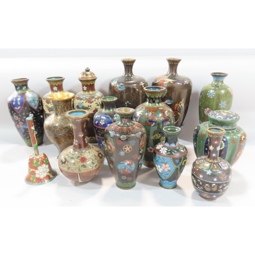 474 - Cloisonné vases, approximately twenty two, of various shapes and sizes, mostly around 16cm to 18cm, ... 