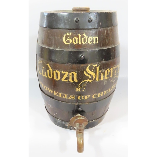 486 - Stowells of Chelsea golden Cadeoza sherry coopered oak borrel with associated brass tap, together wt... 