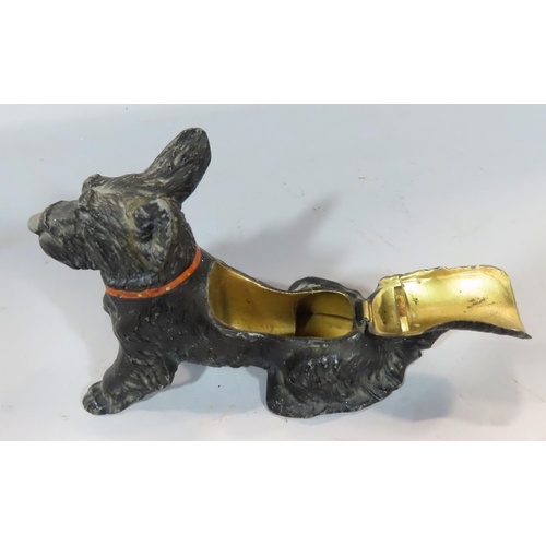 499 - A 20th century Austrian cold painted bronze Black Scottie Dog ashtray, with hinged back with waste t... 