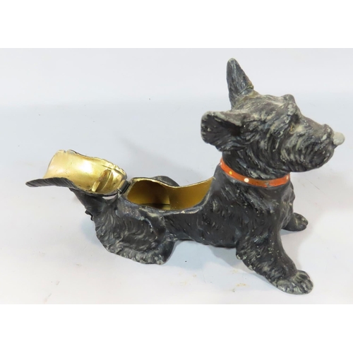 499 - A 20th century Austrian cold painted bronze Black Scottie Dog ashtray, with hinged back with waste t... 