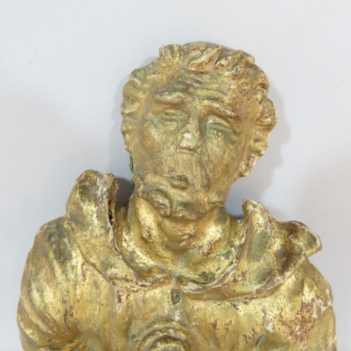 501 - An antique gilded wooden carving of a Saint or an Apostle, 18cm x 13cm, together with a bronze tile ... 