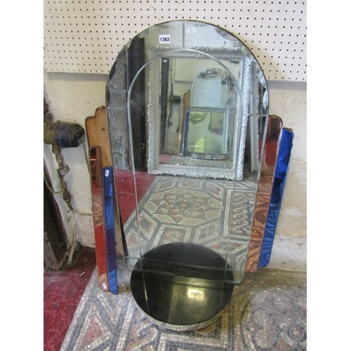 1362 - An Art Deco mirror of stepped arched form with segmented plates and bow fronted shelf, 104cm x 68cm