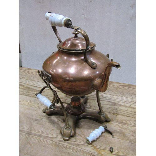 1375 - A Victorian copper spirit kettle (af), a 19th century brass jam pan, four branch ceiling light, smal... 