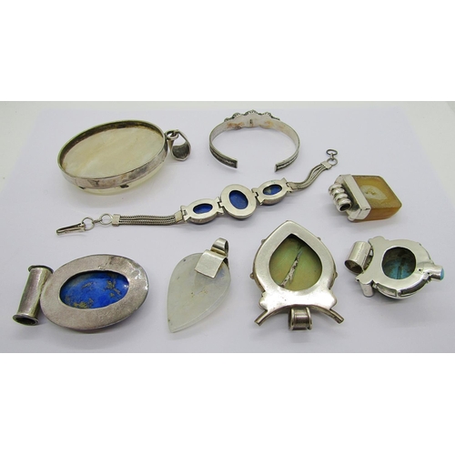 373 - Collection of silver polished gem set jewellery to include a very large rainbow moonstone oval penda... 