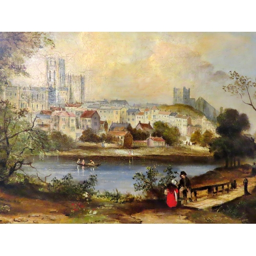 1813 - 19th Century British School - A romantic landscape scene of Durham with town folk in conversation in... 