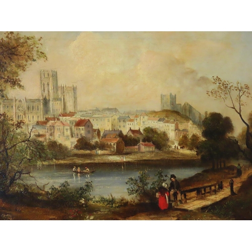 1813 - 19th Century British School - A romantic landscape scene of Durham with town folk in conversation in... 