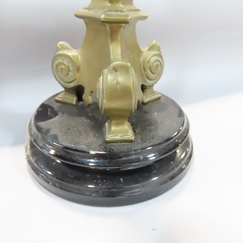 570 - A Gothic Victorian brass candlestick Hinks oil lamp with an etched glass shade, 75cm high.