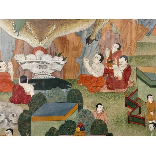 1906 - A 20th century Tibetan Thangka depicting the poet Milarepa, polychrome pigments on textile, with an ... 