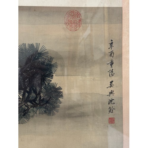 1907 - A large 20th century Chinese painting depicting two black-necked cranes in a landscape scene, with a... 