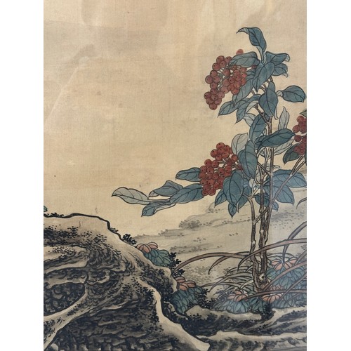 1907 - A large 20th century Chinese painting depicting two black-necked cranes in a landscape scene, with a... 