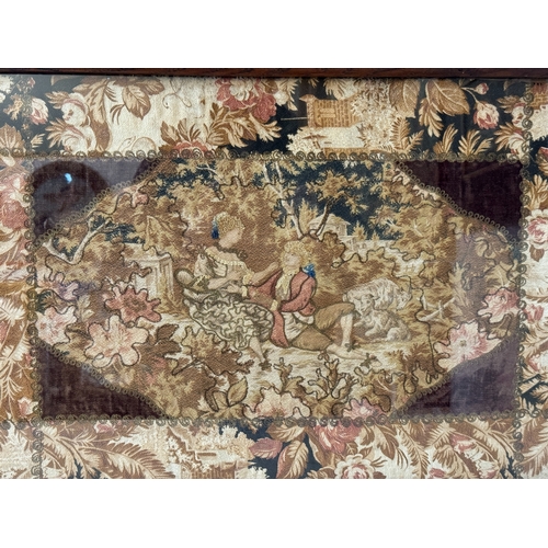 1944 - Two late 19th/early 20th century textile panels, being a copy of stump work with gold and silver thr... 