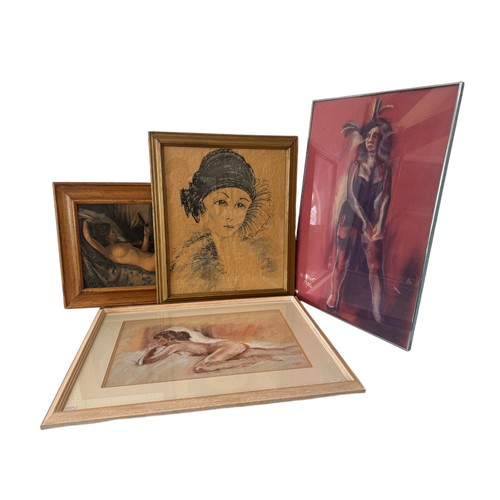 1945 - Four artworks relating to the female figure, to include: A portrait of a 1930s lady, ink on paper, i... 