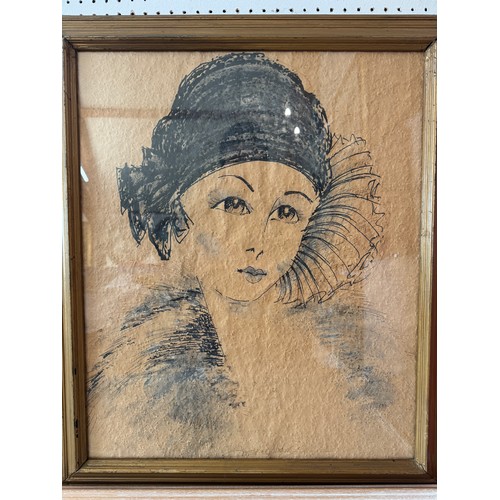 1945 - Four artworks relating to the female figure, to include: A portrait of a 1930s lady, ink on paper, i... 