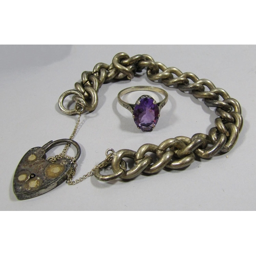 381 - Collection of silver jewellery to include a heavy 1960s curb link bracelet with heart padlock clasp,... 