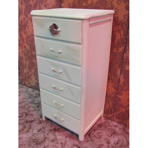 1072 - A vintage light green painted upright chest of six drawers with brass handles, 106 cm high x 51 cm x... 