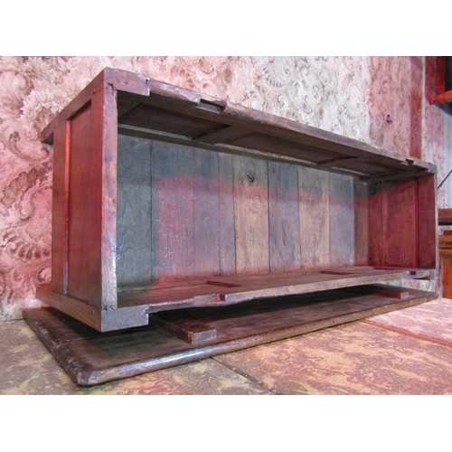 1146 - An antique oak coffer with loose lid over, rectangular moulded panels with shaped apron supports, 60... 