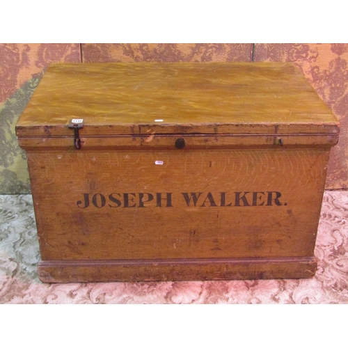 1148 - A 19th century pine chest with hinged lid, scumbled finish and painted lettering 'Joseph Walker', 61... 