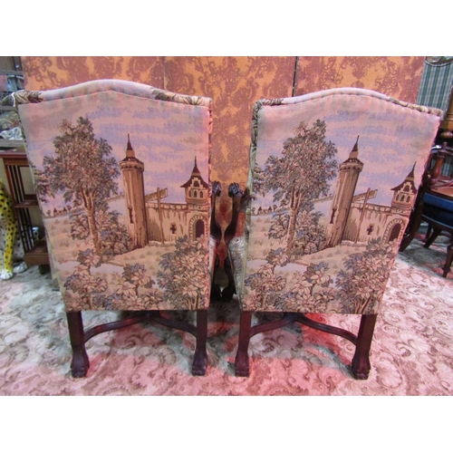 1266 - A pair of substantial antique open arm / throne chairs with machine woven tapestry seats and backs, ... 