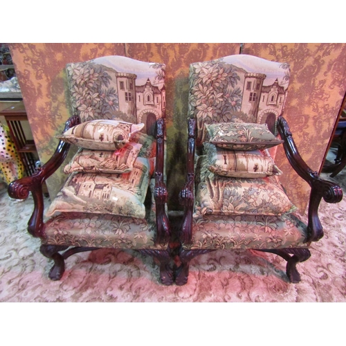 1266 - A pair of substantial antique open arm / throne chairs with machine woven tapestry seats and backs, ... 