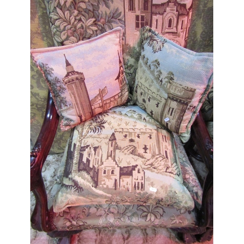 1266 - A pair of substantial antique open arm / throne chairs with machine woven tapestry seats and backs, ... 