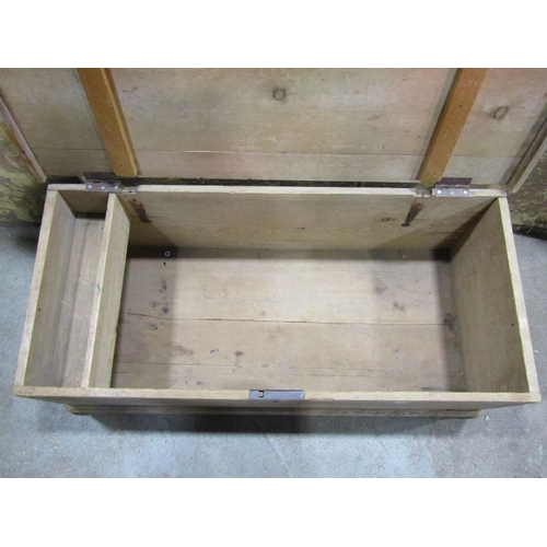 1331 - An old stripped pine box with hinged lid and ironwork carry handles, 35cm high x 104cm x 48cm