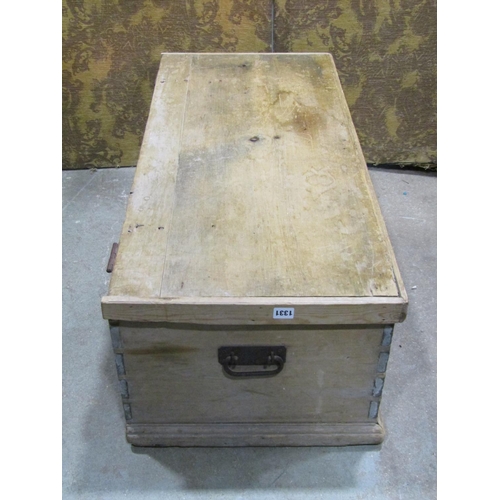 1331 - An old stripped pine box with hinged lid and ironwork carry handles, 35cm high x 104cm x 48cm