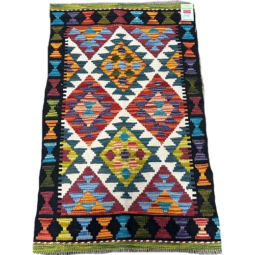 1657 - Maimana kilim mat with brightly coloured diamond pattern, 103cm x 64cm