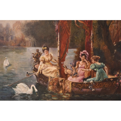 1889 - Early 20th Century French School - A beauty era scene of three ladies on a rowing boat, unsigned, 89... 