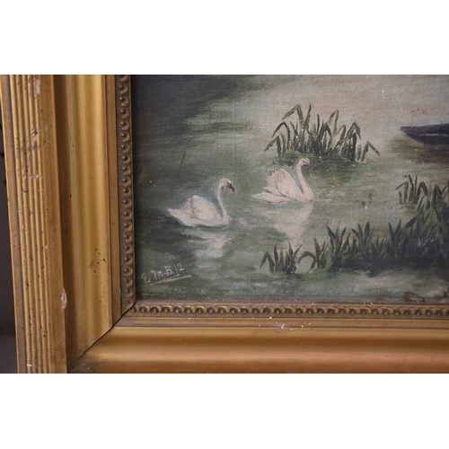 1835 - A pair of British School country landscape scenes with swans on the river, both initialled 'E.M.B.' ... 