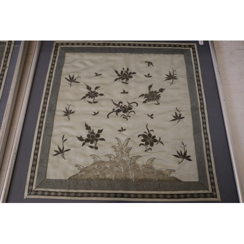 1847 - Three Chinese 20th century silk embroideries, two in square frames 47 x 48 cm and one tall frame 156... 