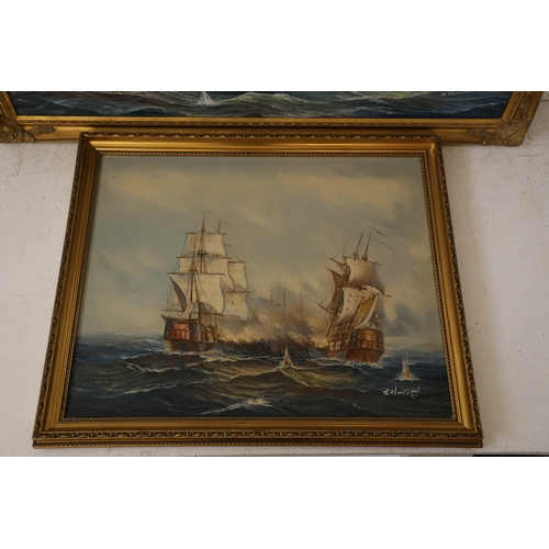 1850 - J. Harvey (20th Century) - Two maritime oil paintings: Battleships exchanging cannon fire, oil on ca... 