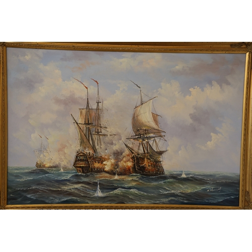 1850 - J. Harvey (20th Century) - Two maritime oil paintings: Battleships exchanging cannon fire, oil on ca... 