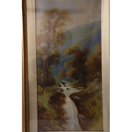 1865 - Leslie Philips - A pair of early 20th century woodland scenes with rushing streams, oil on board, bo... 