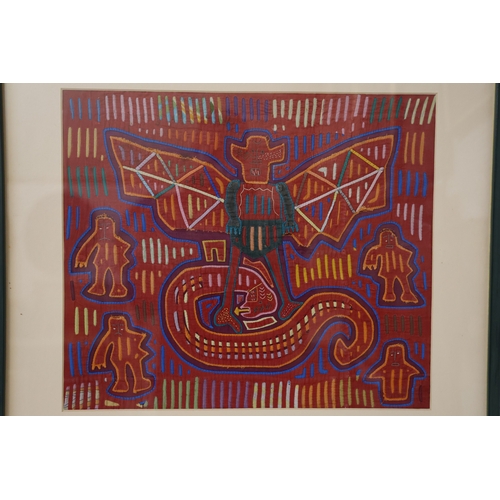 1880 - A Kuna/Cuna mola textile, Panama, 20th century - a vibrant composition with winged figure standing a... 