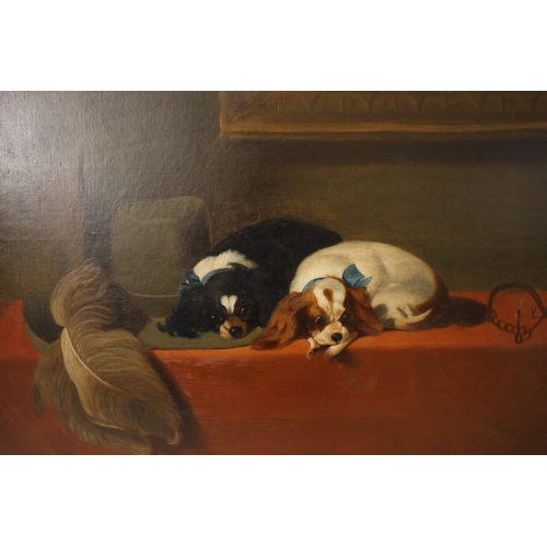 1886 - British School, 19th Century - Two King Charles Spaniels Resting Beside a Feathered Hat, oil on canv... 