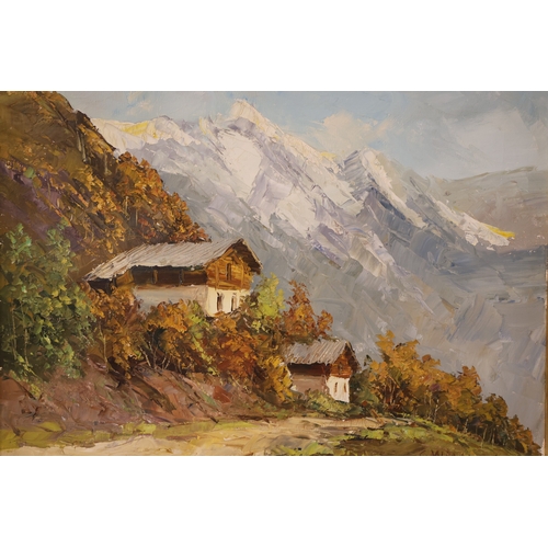 1888 - 20th Century School - Mountain scene with Austrian chalets, indistinctly signed lower right, oil on ... 