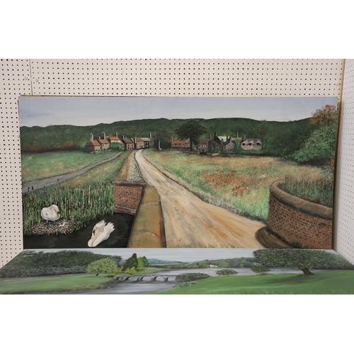 1893 - Two 20th Century paintings of English countryside scenes, one titled 'Cookham Village' verso, acryli... 