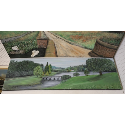 1893 - Two 20th Century paintings of English countryside scenes, one titled 'Cookham Village' verso, acryli... 