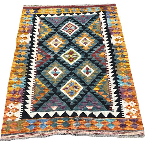 1655 - A Maimana kilim with alternating row of diamonds on a black field, 147cm x 102cm approximately