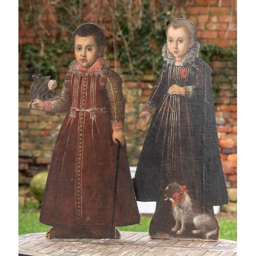 A fine associated pair of 17th century dummy boards / silent companions in the form of children. One in the form of a boy wearing red tunic with intricate lace collar and cuffs, holding a rose in one hand and a cane in the other, the other figure in the form of a young girl in dark dress with lace collar, hands held to side and waist, a small seated spaniel accompanies her beside her feet. Oils on laid canvas, c1615-30, likely later mounted on boards c1700, 104cm high maximum. 

Provenance: From the collection of the 3rd Earl Cowper, Pashanger House, Hertfordshire, later by family decent into the collection at Firle Place, nr Lewes, East Sussex, then by family decent.