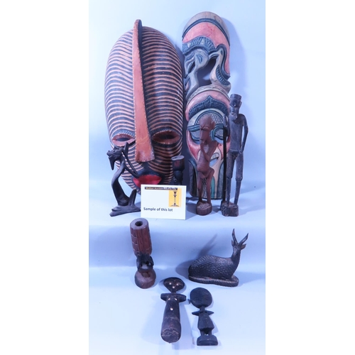 585 - African Souvenirs - mixed selection including carved figures, masks, a head rest, a gourds, an unfin... 