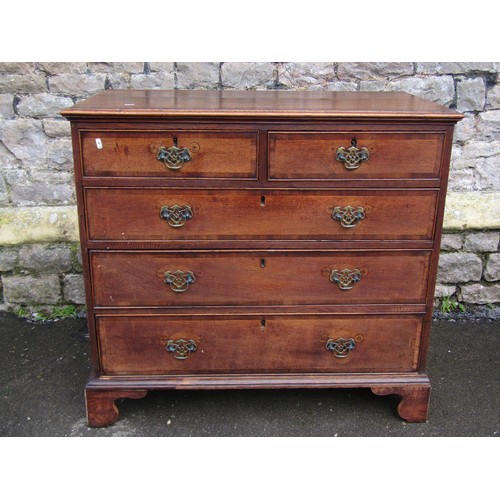 1466A - A Georgian oak chest of three long and two short drawers with cross banded detail, raised on bracket... 