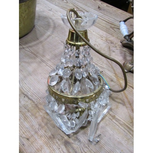 1375 - A Victorian copper spirit kettle (af), a 19th century brass jam pan, four branch ceiling light, smal... 