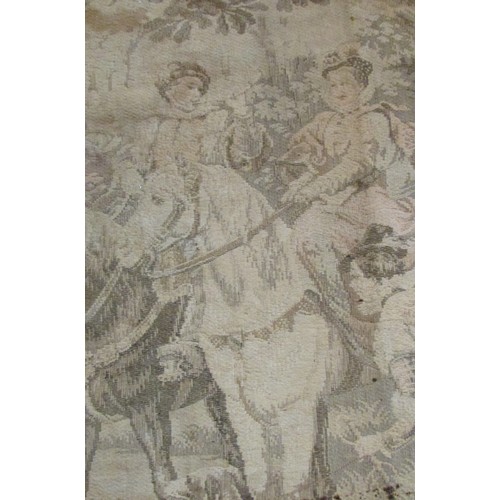 746 - A Belgian machine woven tapestry panel, 18th century style romantic hunting party in landscape setti... 